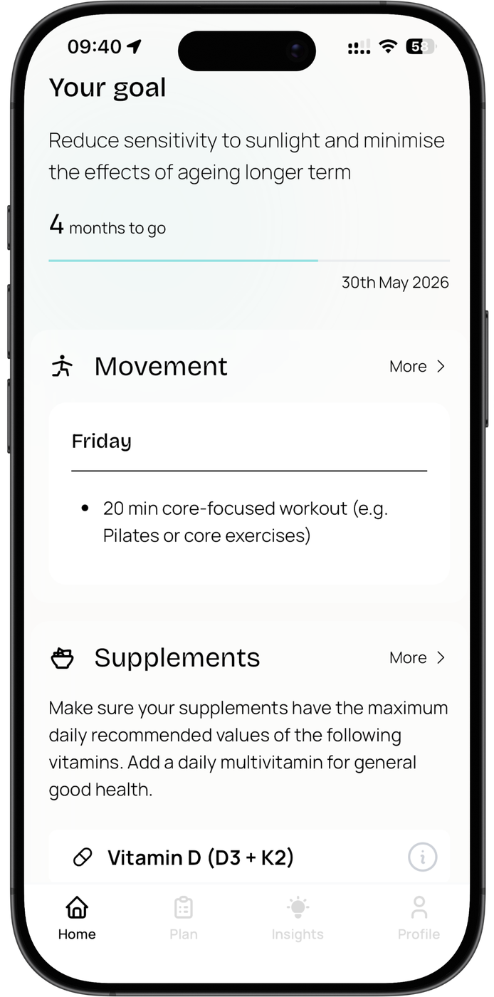 The MAP Health app showing a personalised plan: the goal at the top, then movement and supplement recommendations for the day.